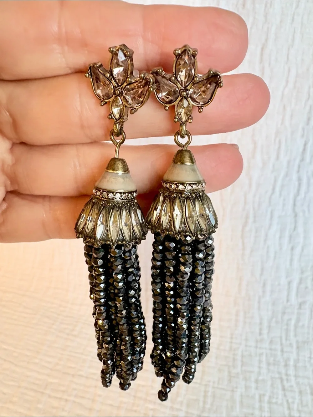 Vtg Tassel Pierced Earrings Rhinestones Black Jet Beads Boho  Anthro Style 1990s